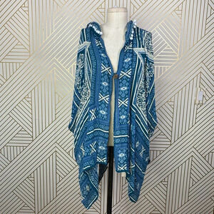 RAGA Pom Trim Hooded Poncho Kimono Blue